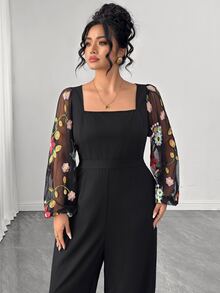Elenzga Elegant Commuter Square Neck Contrast Mesh Jacquard Long Sleeve Wedding Dinner Formal Black Autumn Embroidered Fabric Plus Size Women Jumpsuit Fall - Black - View 5