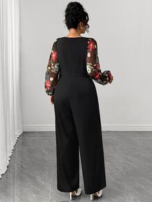Elenzga Elegant Commuter Square Neck Contrast Mesh Jacquard Long Sleeve Wedding Dinner Formal Black Autumn Embroidered Fabric Plus Size Women Jumpsuit Fall - Black - View 2