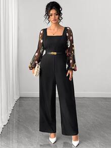 Elenzga Elegant Commuter Square Neck Contrast Mesh Jacquard Long Sleeve Wedding Dinner Formal Black Autumn Embroidered Fabric Plus Size Women Jumpsuit Fall - Black - View 4