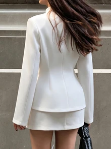 Avenya Blazer Wanita Musim Gugur/Dingin dengan Bahu Terstruktur dan Aksen Pinggang dari Renda, Jaket Formal Kantor/Acara Malam - Putih - View 7