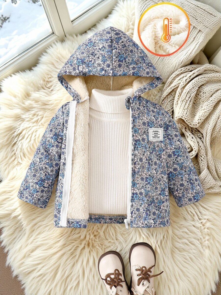 SHEIN Vintaside Kids 女嬰復古田園碎花連帽夾克,拉鍊開合,抓絨內裡,休閒冬季外套 - 彩色 - 查看 1