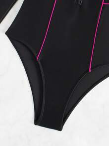 SHEIN Swim Summer Beach Colorblock One-Piece Sport Swimsuit - Black - View 6