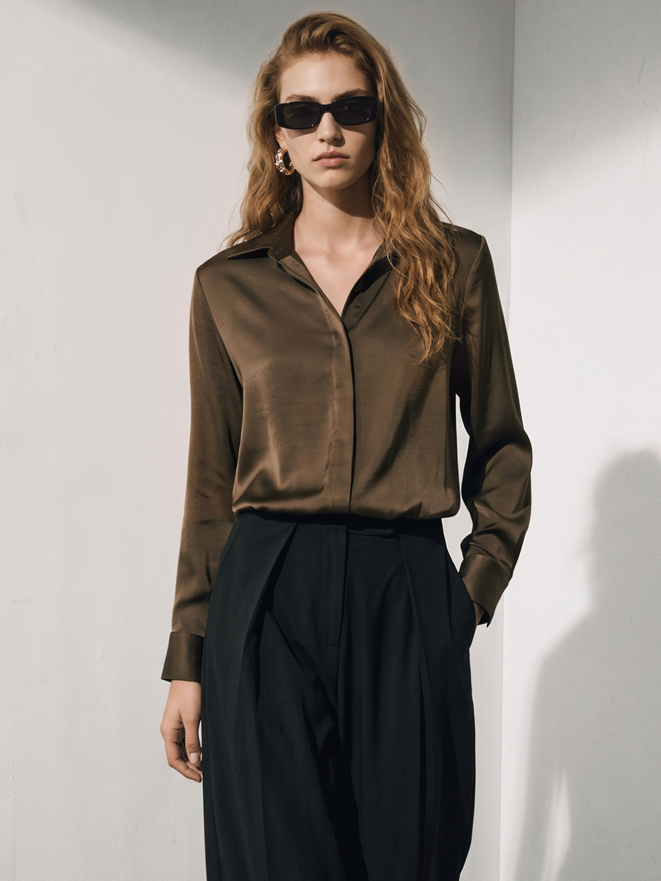 Anewsta Essential New Women's Autumn Outfit Dark Brown Satin Long Sleeve Blouse, Light Luxury Commute Holiday Party Hidden Placket Draped Loose High-End Shirt, Elegant Women's Blouse Teacher Shirts Basic Blouses Suitable For Daily Commute, Outings, Office Wear
