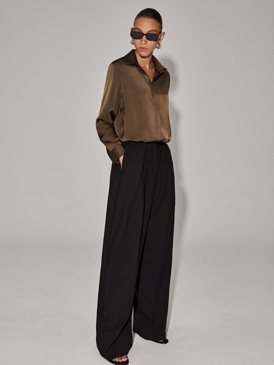 Anewsta Essential New Women's Autumn Outfit Dark Brown Satin Long Sleeve Blouse, Light Luxury Commute Holiday Party Hidden Placket Draped Loose High-End Shirt, Elegant Women's Blouse Teacher Shirts Basic Blouses Suitable For Daily Commute, Outings, Office Wear