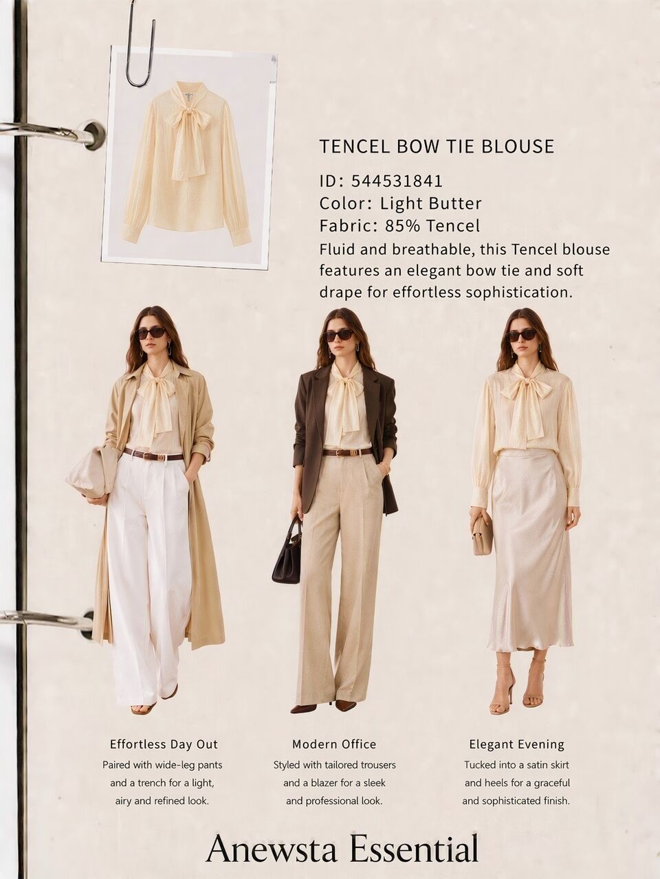 Anewsta Essential Blusa elegante y casual con lazo para mujer de Anewsta, adecuada para uso diario, ir al trabajo, reuniones, citas y como invitada a bodas