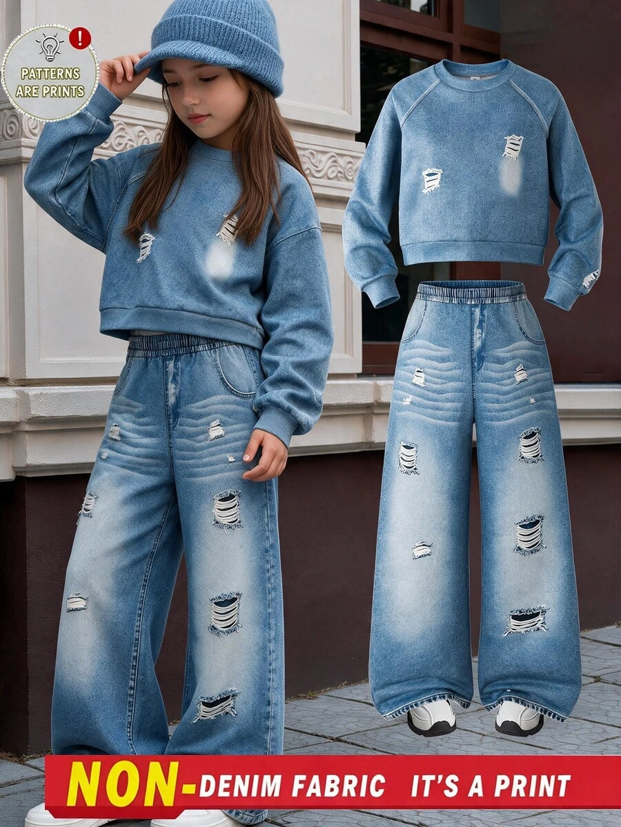 SHEIN Sparklyn Tween Girls Long Sleeve Fleece Winter Ripped 2 Pieces Set, Crew Neck Raglan Crop Sweatshirt & Elastic Waist Wide Leg Denim Look Pants... - Blue - View 1