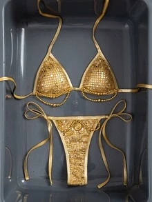 Swim SXY 2026 Sequin, Pearl, Shell & Metallic Grid Micro Triangle Sexy Bikini Set, Beach Wear - Gold - View 5