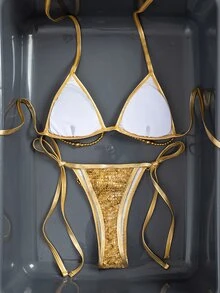 Swim SXY 2026 Sequin, Pearl, Shell & Metallic Grid Micro Triangle Sexy Bikini Set, Beach Wear - Gold - View 3