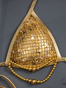 Swim SXY 2026 Sequin, Pearl, Shell & Metallic Grid Micro Triangle Sexy Bikini Set, Beach Wear - Gold - View 6