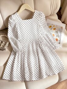 SHEIN Genkimix Kids Girls' Autumn/Winter Square Neck Long Sleeve White And Black Polka Dot Print Dress Back V-Neck Hidden Zipper Big Bow Cute Elegant Party Vacation Dress - Beige - View 2