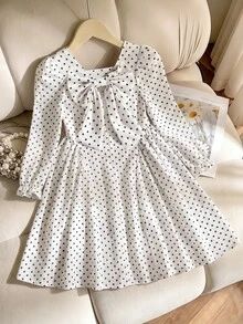SHEIN Genkimix Kids Girls' Autumn/Winter Square Neck Long Sleeve White And Black Polka Dot Print Dress Back V-Neck Hidden Zipper Big Bow Cute Elegant Party Vacation Dress - Beige - View 5