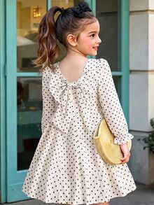 SHEIN Genkimix Kids Girls' Autumn/Winter Square Neck Long Sleeve White And Black Polka Dot Print Dress Back V-Neck Hidden Zipper Big Bow Cute Elegant Party Vacation Dress - Beige - View 1