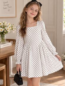 SHEIN Genkimix Kids Girls' Autumn/Winter Square Neck Long Sleeve White And Black Polka Dot Print Dress Back V-Neck Hidden Zipper Big Bow Cute Elegant Party Vacation Dress - Beige - View 4