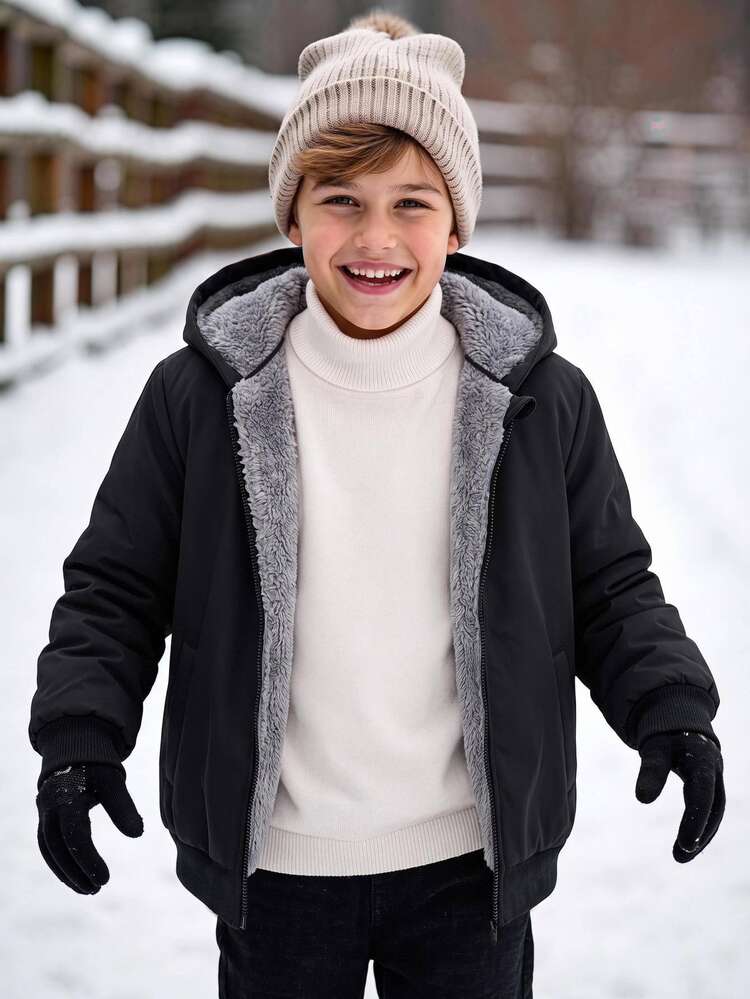 SHEIN Kids Tween Boy Casual Thermal Lined Thick Oversized Hooded Jacket, Winter Coats, Boys Clothes, Basic Top, Suitable For Autumn/Winter, School - Black - View 2