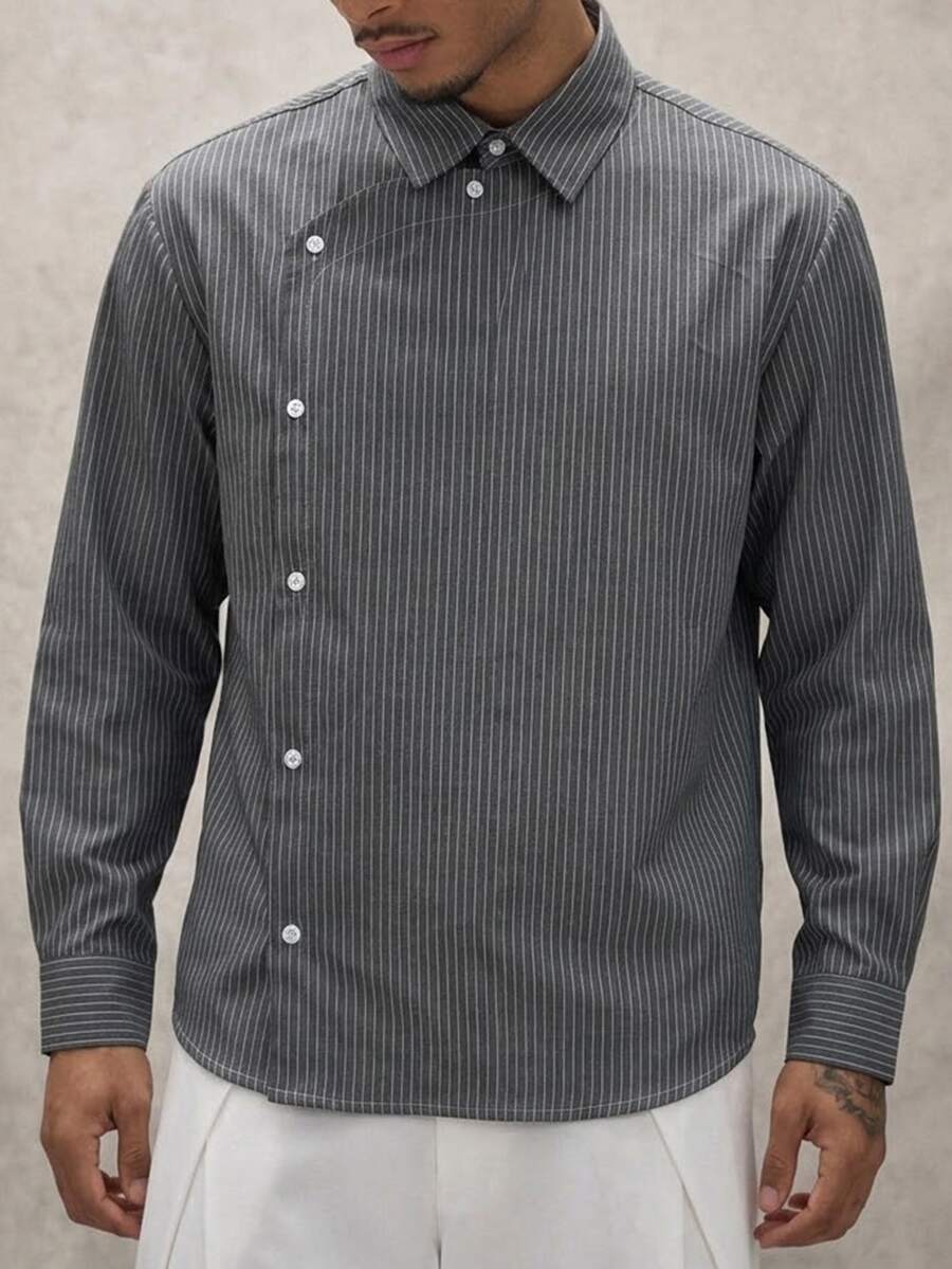 Manfinity CasualKnits 男士休閒通勤條紋長袖襯衫 - 黑色 - 查看 1