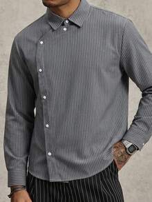 Manfinity CasualKnits 男士休閒通勤條紋長袖襯衫 - 黑色 - 查看 3