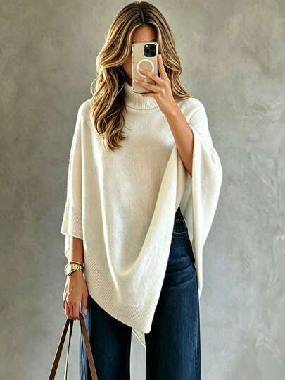 SHEIN Áo choàng len dệt kim cổ cao dáng rộng phong cách tối giản casual thoải mái cho nữ, thời trang thanh lịch màu trắng kem, phù hợp mùa Thu/Đông và đi brunch