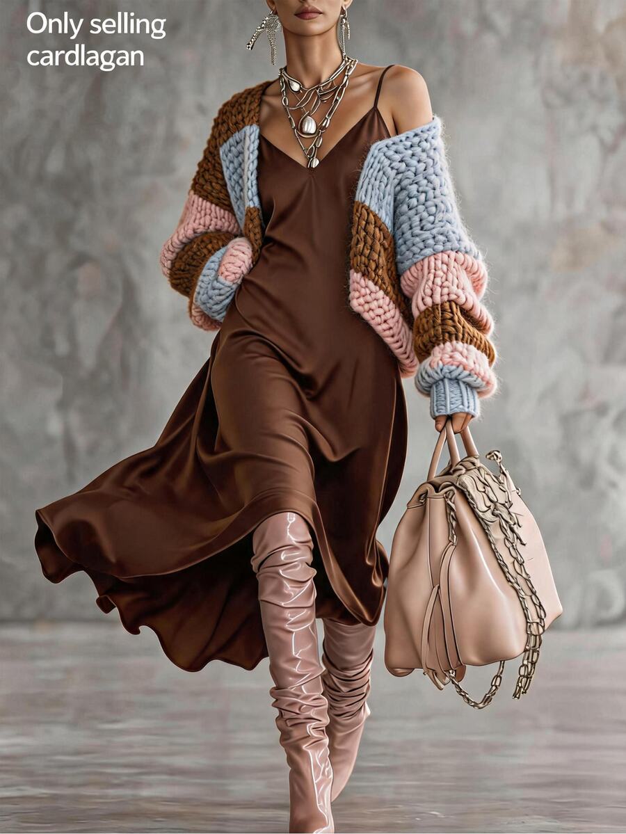Balvessa Women's Autumn/Winter Casual Colorblock Patchwork Cardigan