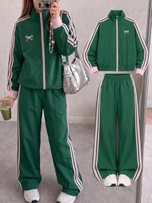 SHEIN Tween女孩休閒新款秋冬時尚海軍藍與白色條紋拼接長袖拉鍊夾克與長褲2件套，返校季，秋冬服飾，開襟夾克套裝 - 綠色 - 查看 13