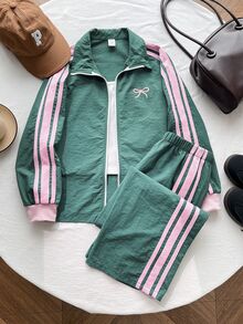 SHEIN Tween女孩休閒新款秋冬時尚海軍藍與白色條紋拼接長袖拉鍊夾克與長褲2件套，返校季，秋冬服飾，開襟夾克套裝 - 綠色 - 查看 3