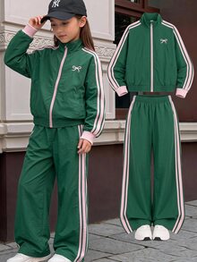 SHEIN Tween女孩休閒新款秋冬時尚海軍藍與白色條紋拼接長袖拉鍊夾克與長褲2件套，返校季，秋冬服飾，開襟夾克套裝 - 綠色 - 查看 2