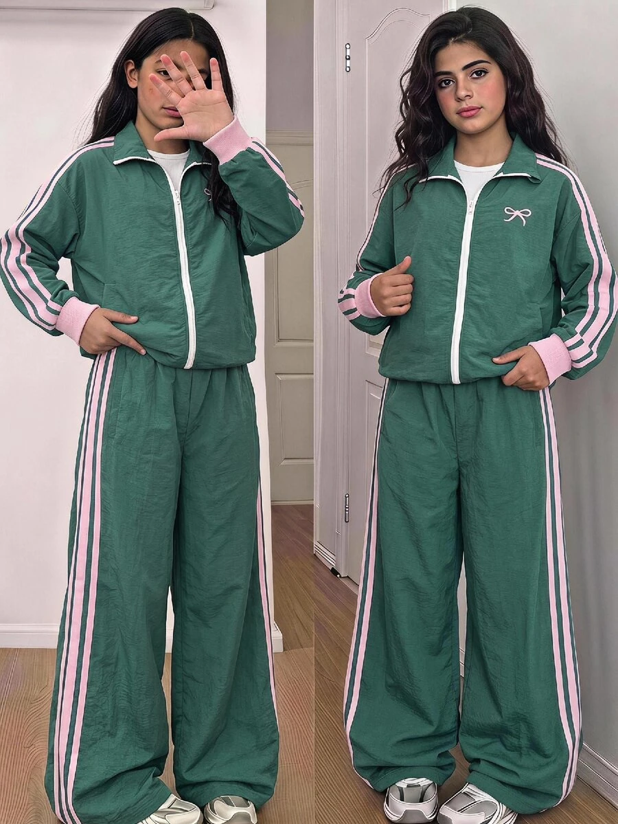 SHEIN Tween女孩休閒新款秋冬時尚海軍藍與白色條紋拼接長袖拉鍊夾克與長褲2件套,返校季,秋冬服飾,開襟夾克套裝 - 綠色 - 查看 1