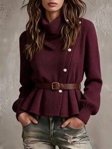 GlowEve Solid Button Front Belted Cardigan - Purple - View 1