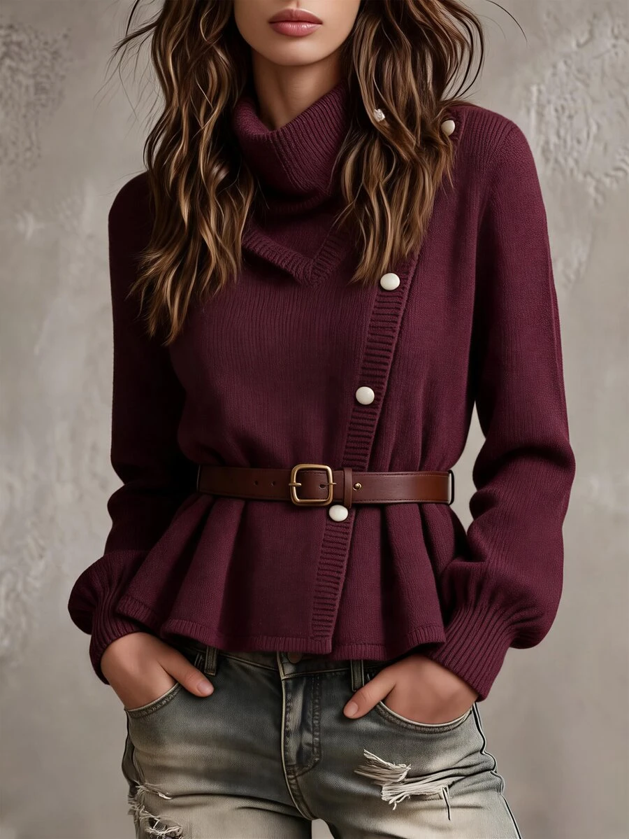 GlowEve Solid Button Front Belted Cardigan - Purple - View 1