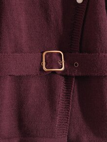 GlowEve Solid Button Front Belted Cardigan - Purple - View 8