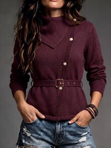 GlowEve Solid Button Front Belted Cardigan - Purple - View 3