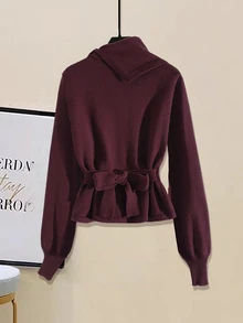 GlowEve Solid Button Front Belted Cardigan - Purple - View 2
