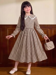 兒童青少年女孩長袖格紋收腰蝴蝶結誇張領長洋裝 秋冬款 - 卡其色 - 查看 4
