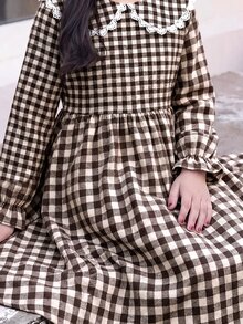 兒童青少年女孩長袖格紋收腰蝴蝶結誇張領長洋裝 秋冬款 - 卡其色 - 查看 10