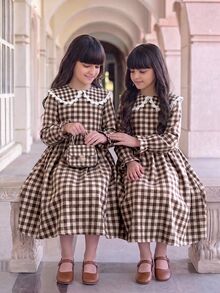 兒童青少年女孩長袖格紋收腰蝴蝶結誇張領長洋裝 秋冬款 - 卡其色 - 查看 5