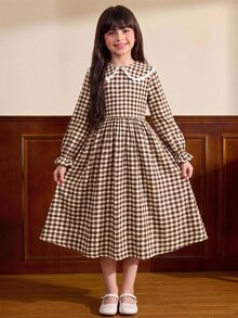 兒童青少年女孩長袖格紋收腰蝴蝶結誇張領長洋裝 秋冬款 - 卡其色 - 查看 11