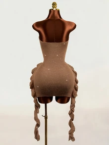 Mistrie Minimalist Sexy Style Sequin Ribbed Tube Dress, Twisted Bust, Side Ruffle Tie, Slim Fit Mini Bodycon Dress Party Club Coffee Brown Autumn - Brown - View 7