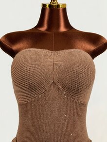 Mistrie Minimalist Sexy Style Sequin Ribbed Tube Dress, Twisted Bust, Side Ruffle Tie, Slim Fit Mini Bodycon Dress Party Club Coffee Brown Autumn - Brown - View 10