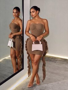 Mistrie Minimalist Sexy Style Sequin Ribbed Tube Dress, Twisted Bust, Side Ruffle Tie, Slim Fit Mini Bodycon Dress Party Club Coffee Brown Autumn - Brown - View 5