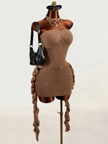 Mistrie Minimalist Sexy Style Sequin Ribbed Tube Dress, Twisted Bust, Side Ruffle Tie, Slim Fit Mini Bodycon Dress Party Club Coffee Brown Autumn - Brown - View 6