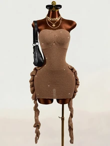 Mistrie Minimalist Sexy Style Sequin Ribbed Tube Dress, Twisted Bust, Side Ruffle Tie, Slim Fit Mini Bodycon Dress Party Club Coffee Brown Autumn - Brown - View 11