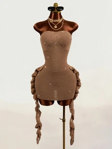 Mistrie Minimalist Sexy Style Sequin Ribbed Tube Dress, Twisted Bust, Side Ruffle Tie, Slim Fit Mini Bodycon Dress Party Club Coffee Brown Autumn - Brown - View 2