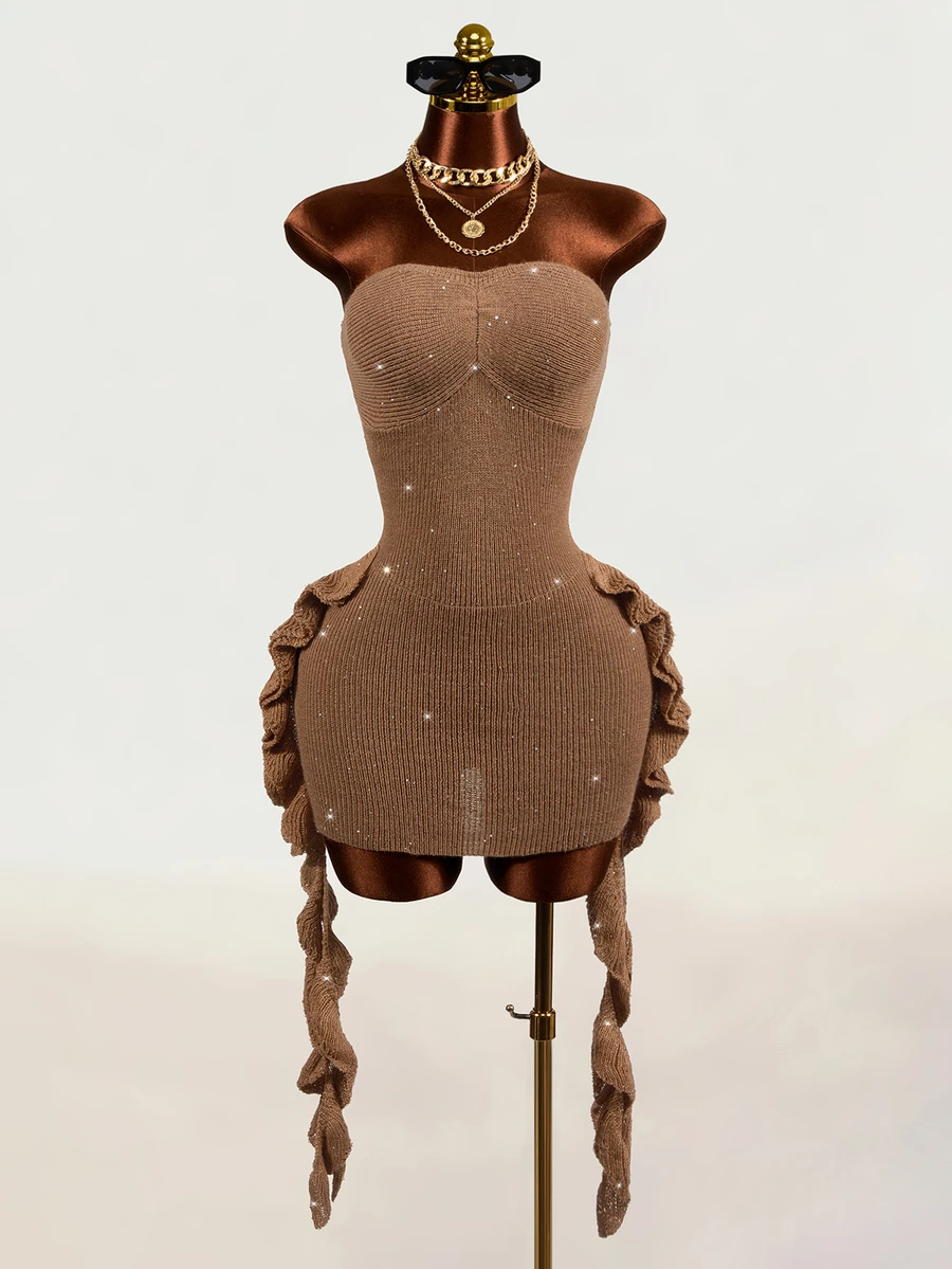 Mistrie Minimalist Sexy Style Sequin Ribbed Tube Dress, Twisted Bust, Side Ruffle Tie, Slim Fit Mini Bodycon Dress Party Club Coffee Brown Autumn