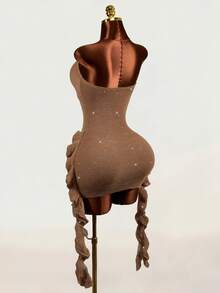 Mistrie Minimalist Sexy Style Sequin Ribbed Tube Dress, Twisted Bust, Side Ruffle Tie, Slim Fit Mini Bodycon Dress Party Club Coffee Brown Autumn - Brown - View 4