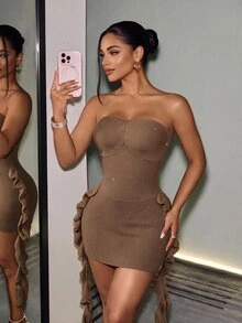 Mistrie Minimalist Sexy Style Sequin Ribbed Tube Dress, Twisted Bust, Side Ruffle Tie, Slim Fit Mini Bodycon Dress Party Club Coffee Brown Autumn - Brown - View 3