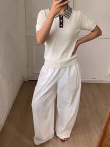Mulvari Women's Premium Colorblock Short Sleeve Sweater Vest, Autumn/Winter White  Casual Blouses  Fall Winter  Work Tops - White - View 5