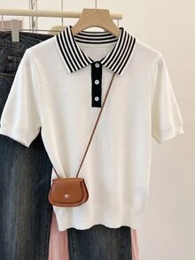 Mulvari Women's Premium Colorblock Short Sleeve Sweater Vest, Autumn/Winter White  Casual Blouses  Fall Winter  Work Tops - White - View 1