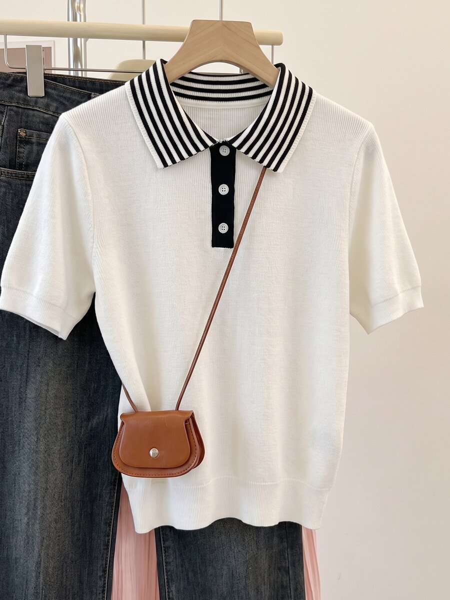 Mulvari Women's Premium Colorblock Short Sleeve Sweater Vest, Autumn/Winter White Casual Blouses Fall Winter Work Tops - White - View 1