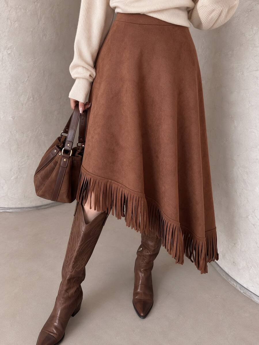 Modelyn 女款中長度優雅高腰軟面料A字棕色裙，不對稱流蘇下擺，適合西式牛仔女鄉村音樂會與秋季出遊