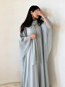 Yasmyna Gaun Abaya Model Batwing Chiffon Abu-abu Muda dengan Hijab, Kaftan Longgar dan Sopan untuk Wanita, Gaun Pesta Malam Panjang untuk Musim Gugur - Biru - View 8