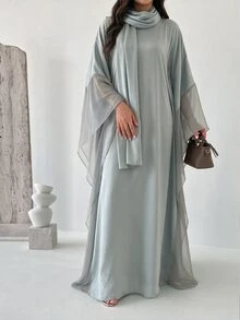 Yasmyna Gaun Abaya Model Batwing Chiffon Abu-abu Muda dengan Hijab, Kaftan Longgar dan Sopan untuk Wanita, Gaun Pesta Malam Panjang untuk Musim Gugur - Biru - View 5